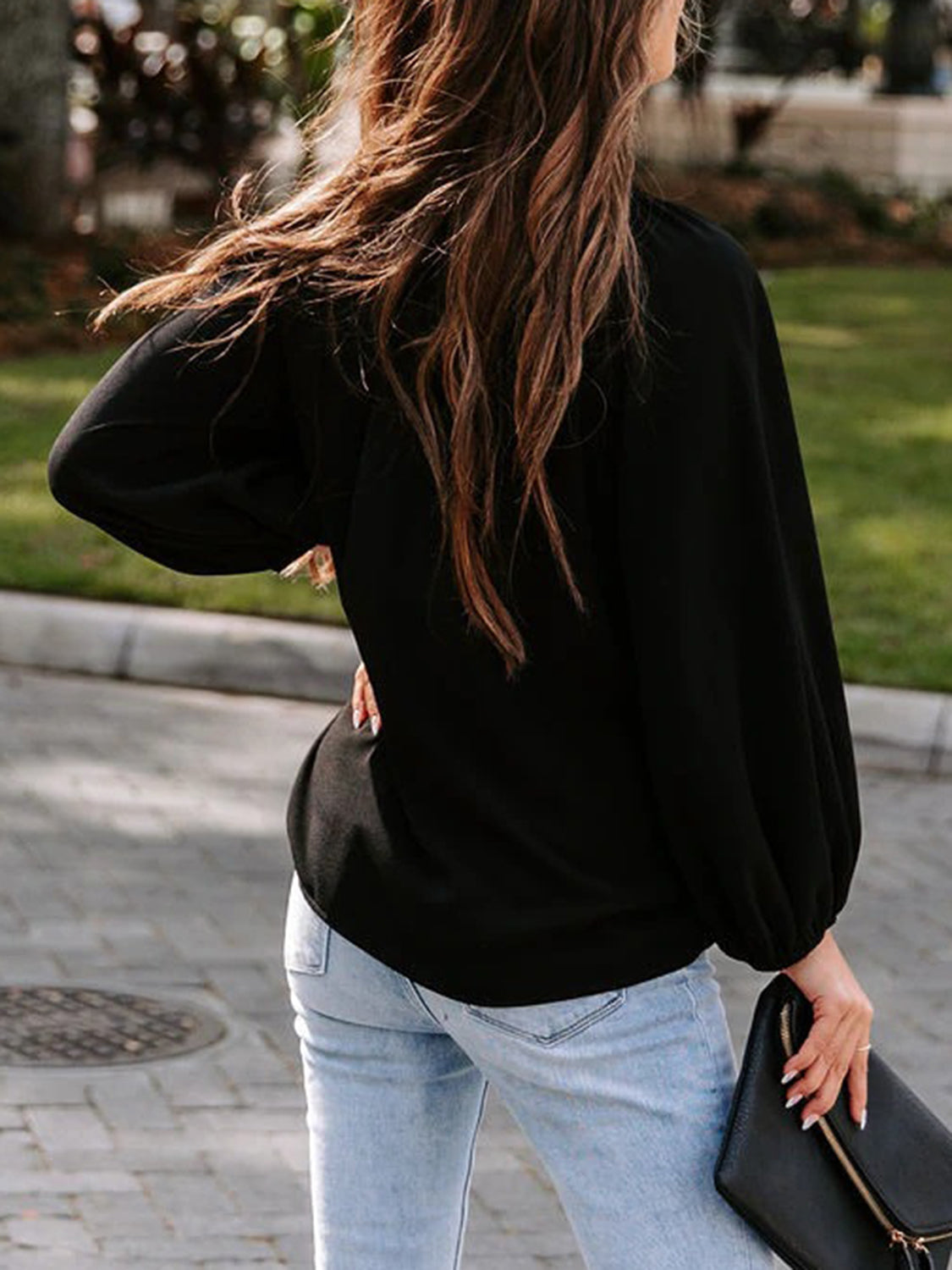 Notched Neck Long Sleeve Blouse 