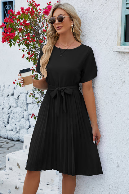 Pleated Tie Waist Short Sleeve Dress 