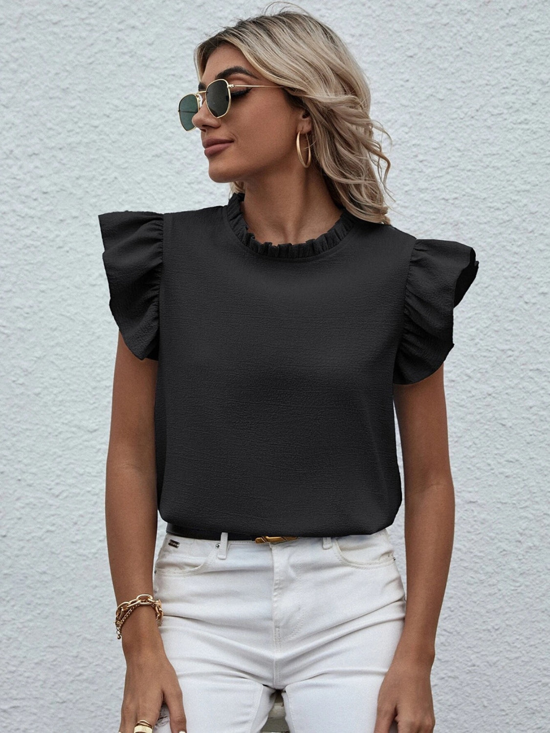 Mock Neck Ruffled Cap Sleeve Blouse 