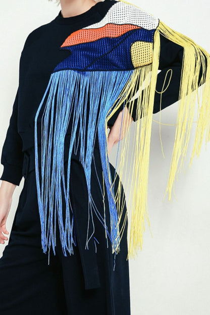 Fringe Contrast Round Neck Sweatshirt 