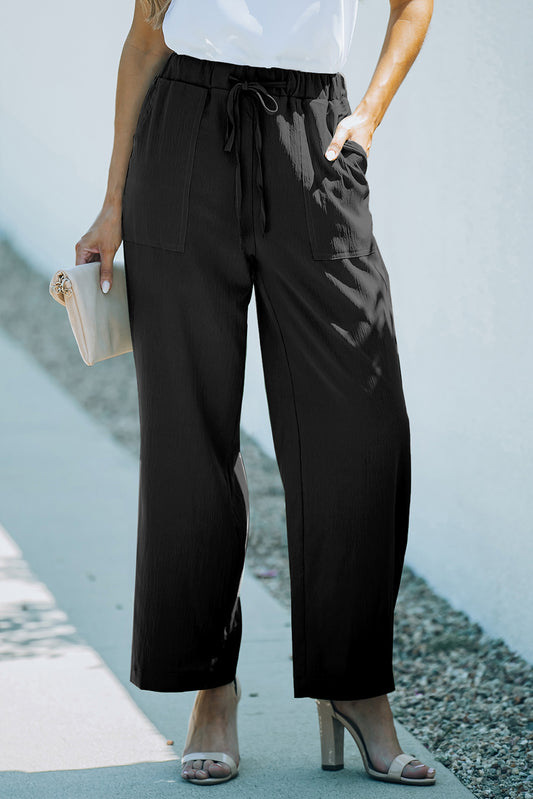 Drawstring Waist Crinkled Wide Leg Pants - Babbazon pants