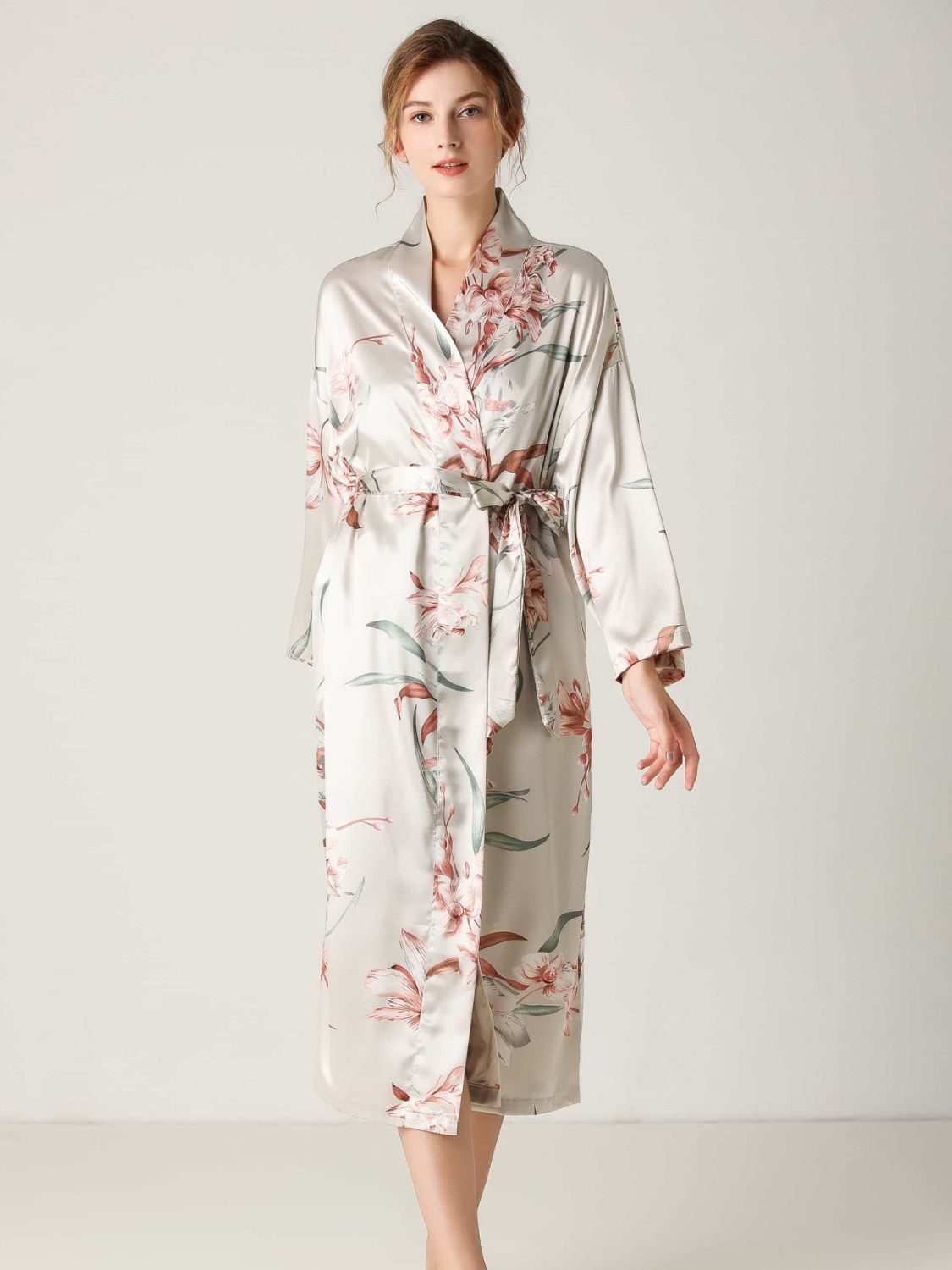 Floral Tie Waist Long Sleeve Robe 