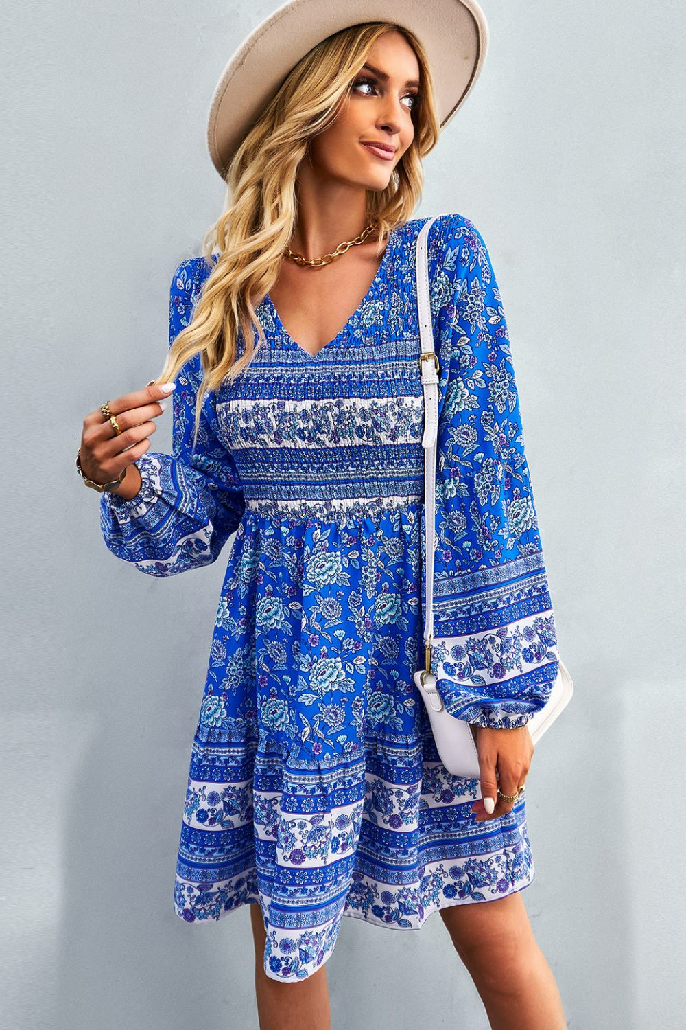 Bohemian V-Neck Balloon Sleeve Dress 