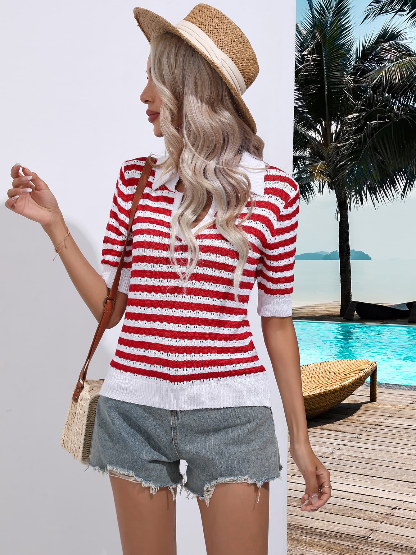 Striped Johnny Collar Half Sleeve Knit Top 