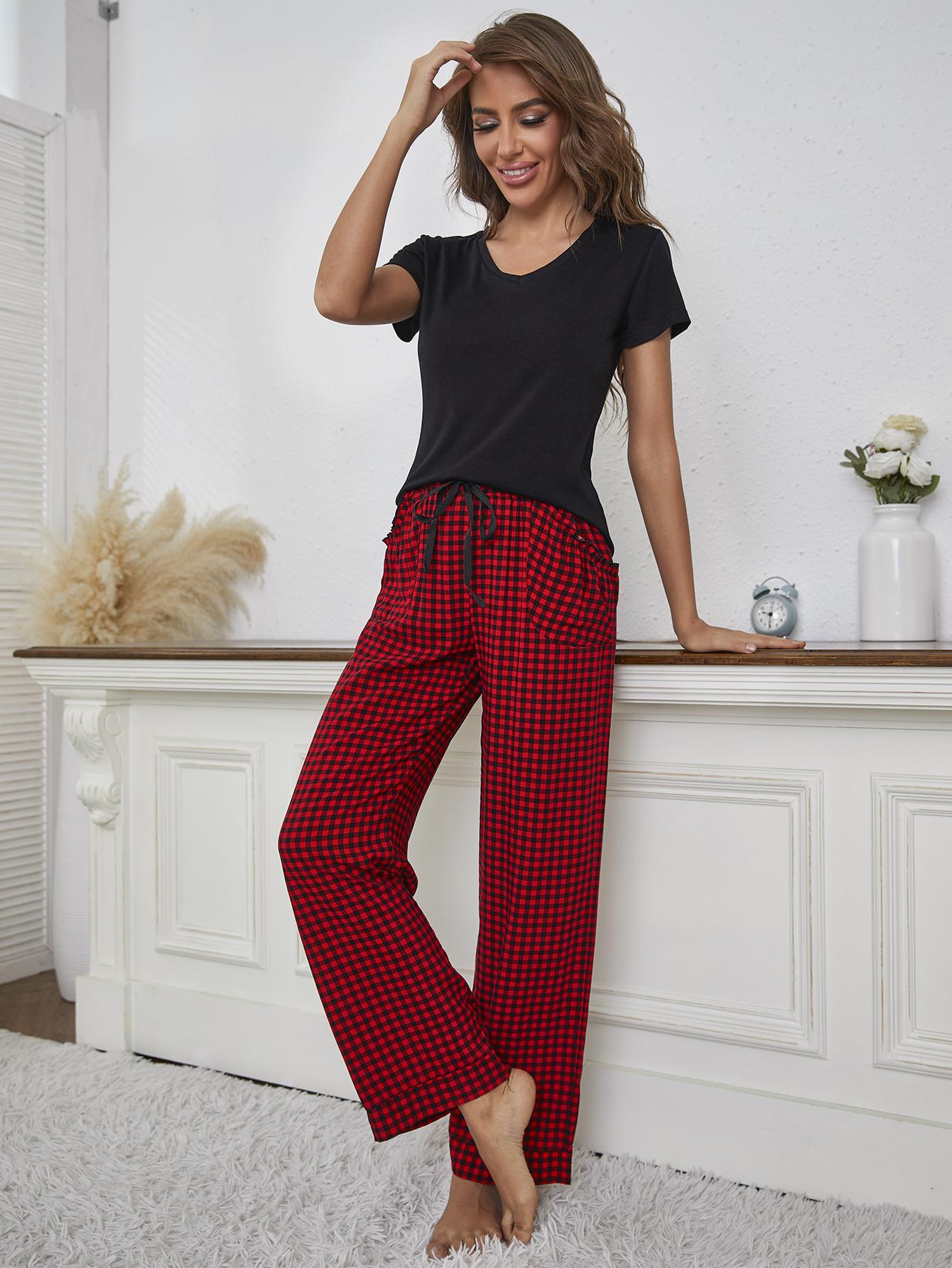 V-Neck Top and Gingham Pants Lounge Set 