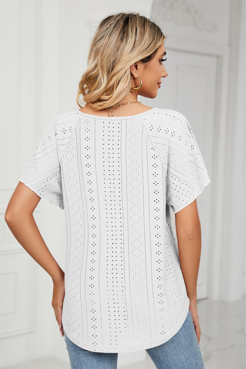 Eyelet Tie-Neck Flutter Sleeve Top