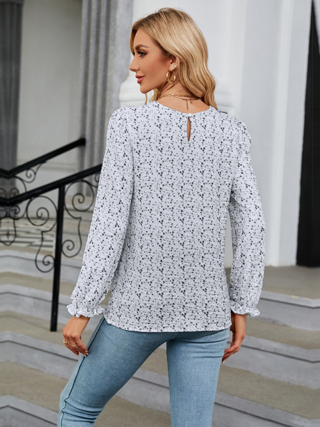 Printed Round Neck Flounce Sleeve Blouse