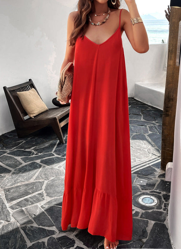 Elegant solid color loose suspender dress 