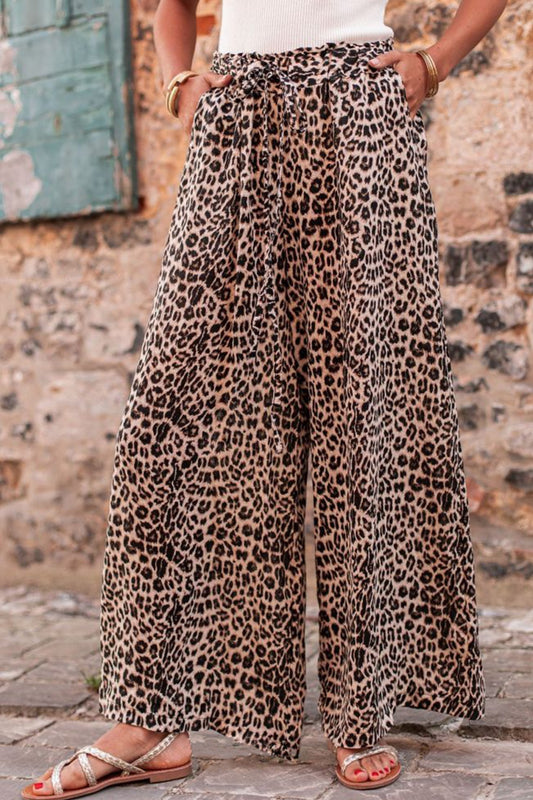 Leopard Drawstring Wide Leg Pants - Babbazon