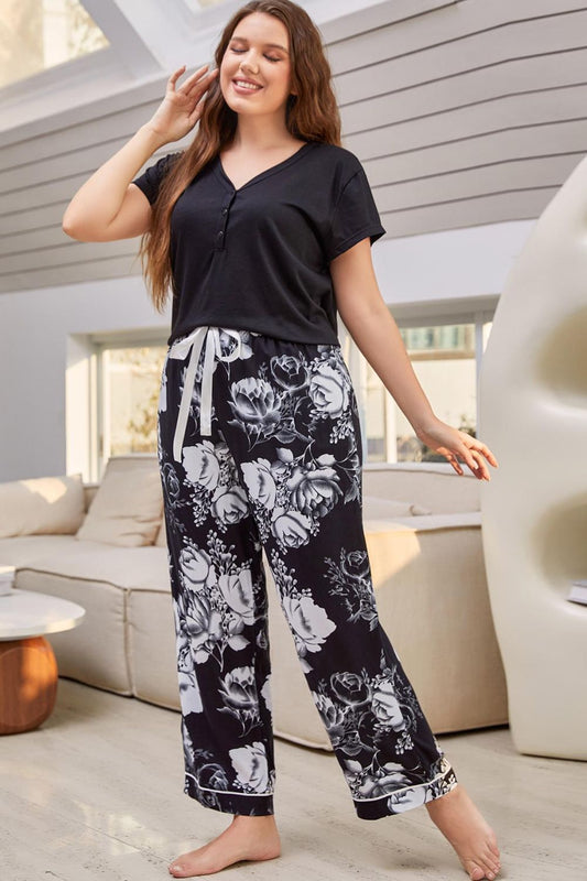 Full Size V-Neck Top and Floral Pants Lounge Set 