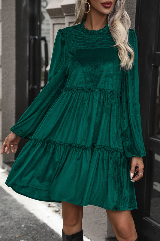 Smocked Balloon Sleeve Frill Trim Tiered Dress 