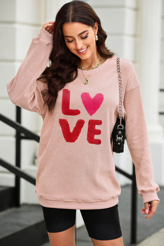 LOVE Round Neck Dropped Shoulder Sweatshirt - Babbazon sweatshirt