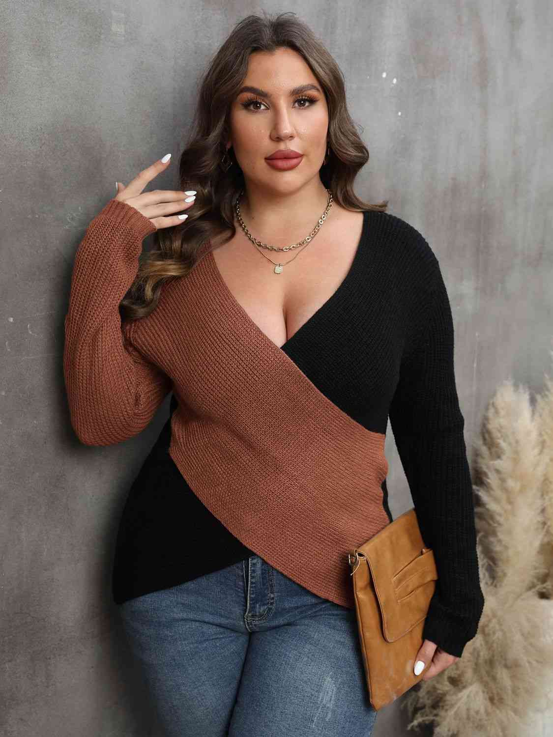 Plus Size Two-Tone Surplice Neck Sweater 