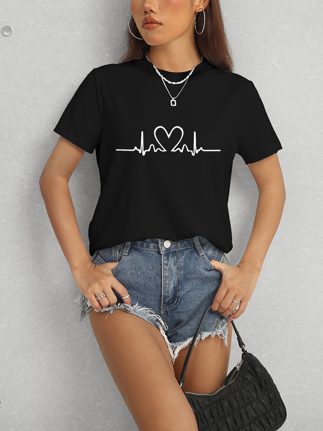 Heart Round Neck Short Sleeve T-Shirt 