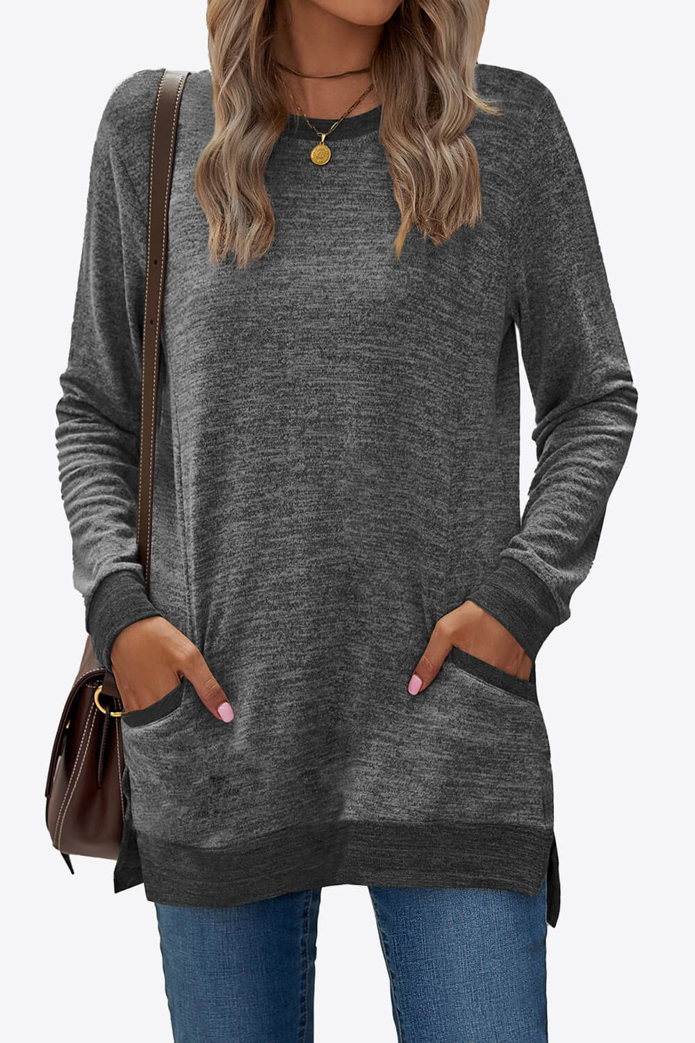 Heathered Slit Top with Pockets 