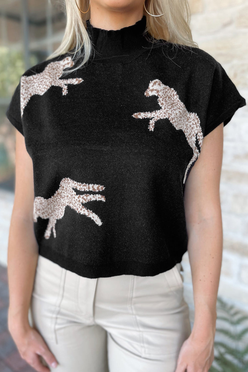 Animal Graphic Mock Neck Cap Sleeve Sweater 