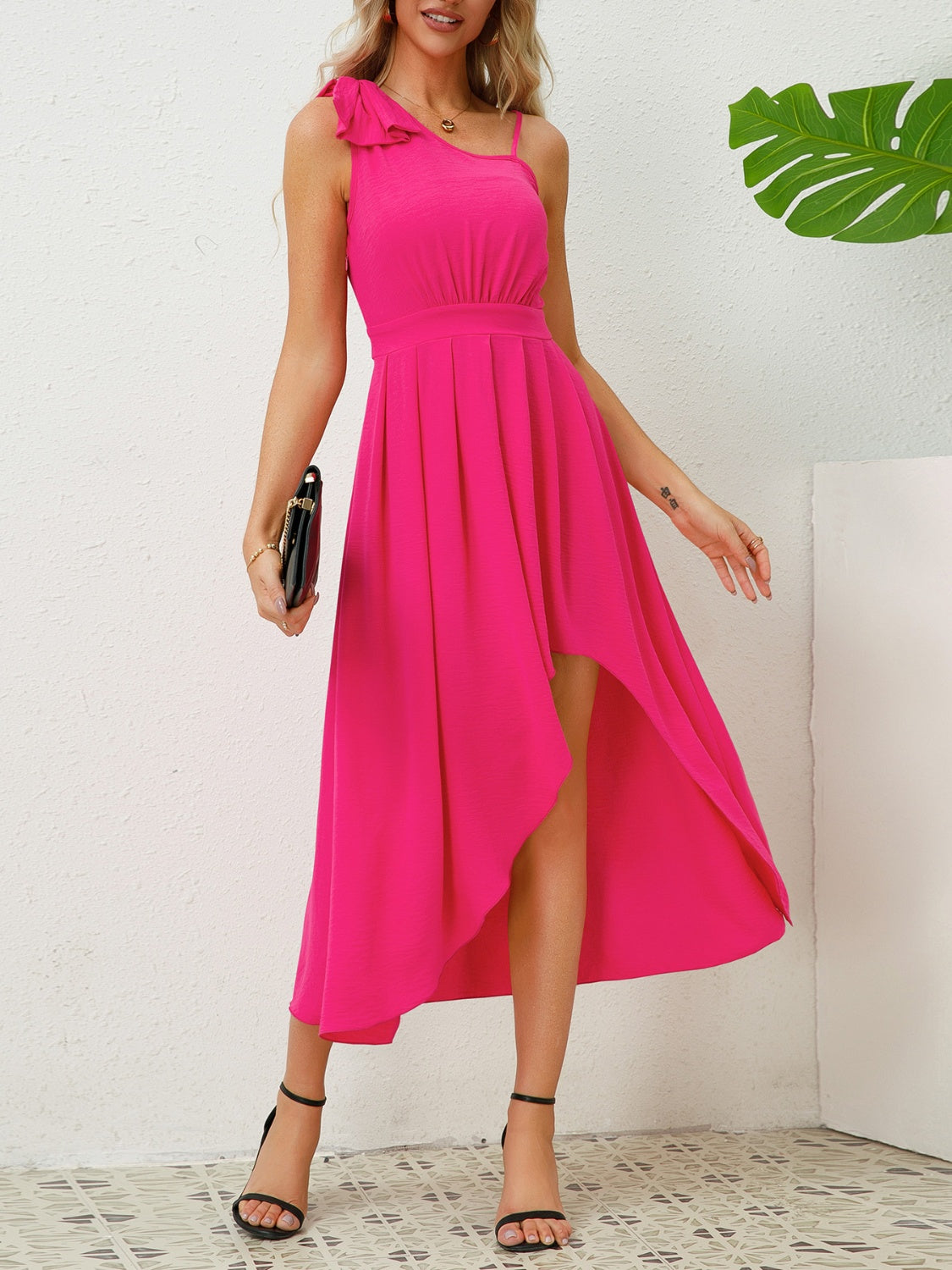 Bow Asymmetrical Neck Sleeveless Dress 