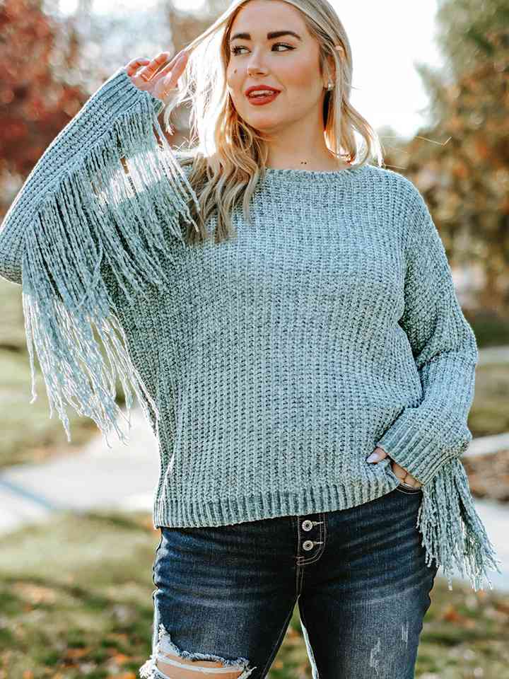 Plus Size Round Neck Long Sleeve Fringe Detail Sweater 