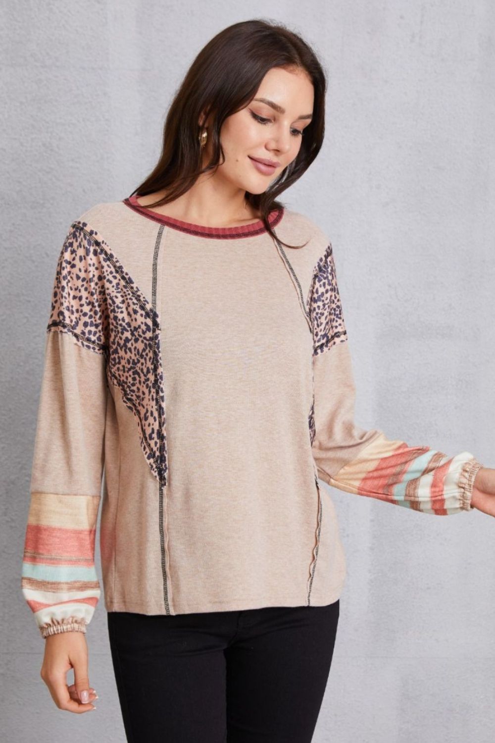 Contrast Stitching Leopard Long Sleeve Blouse 