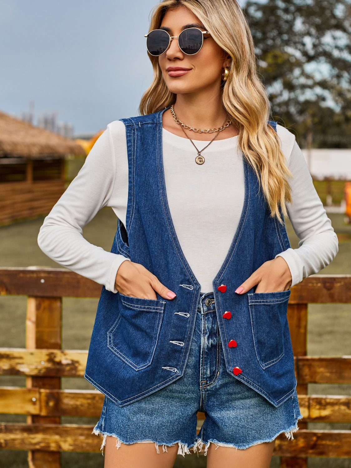 Pocketed Button Up Sleeveless Denim Jacket 