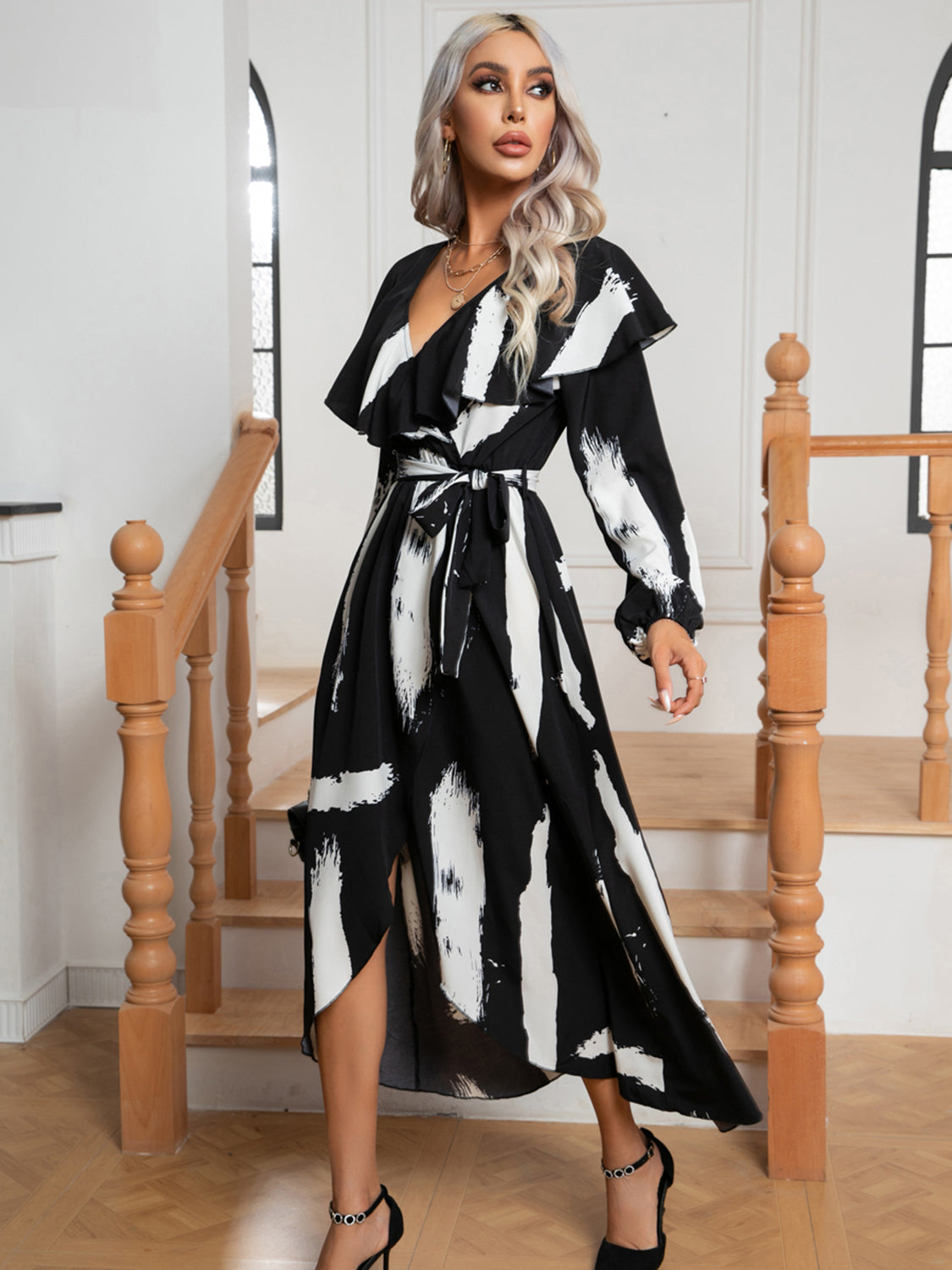 Printed Tie Front Ruffle Trim Long Sleeve Dress 