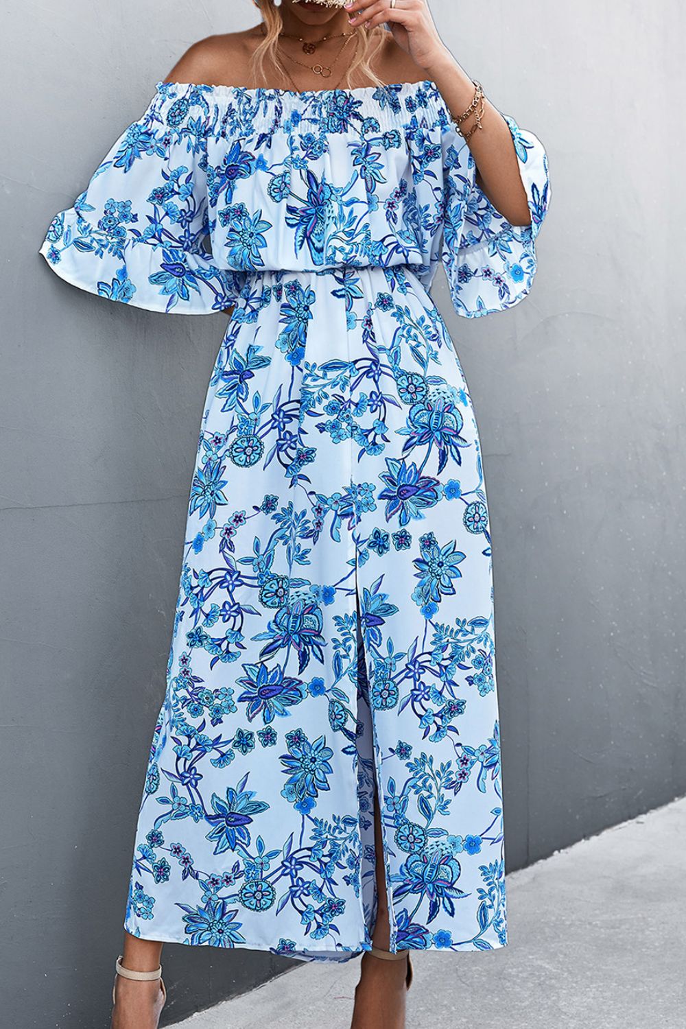 Floral Off-Shoulder Front Split Dress 