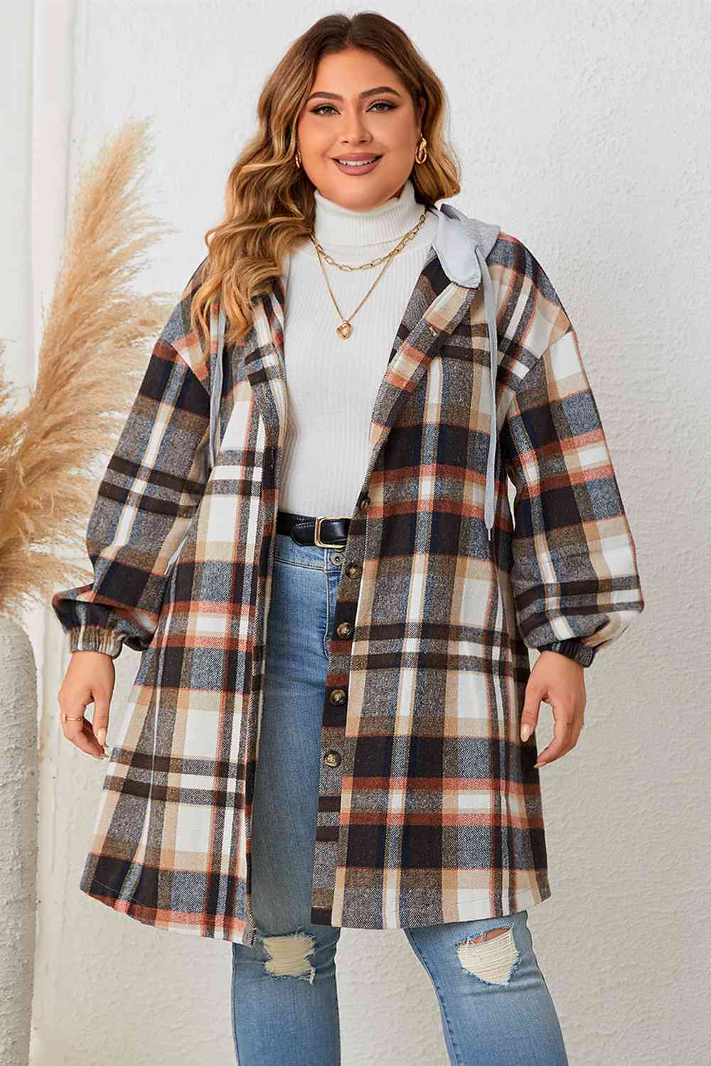 Plus Size Plaid Drop Shoulder Hooded Coat 