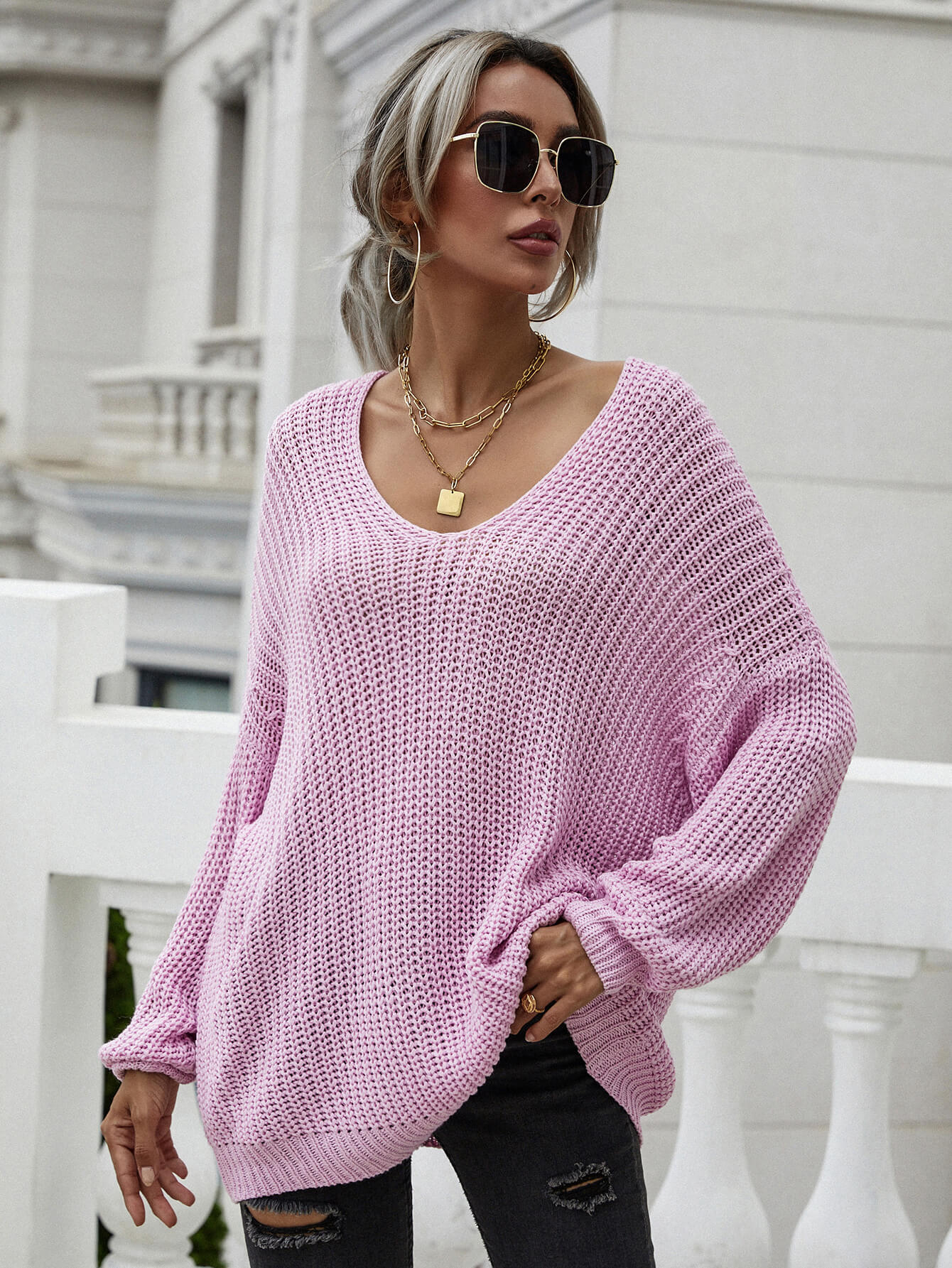 Rib-Knit Drop Shoulder V-Neck Pullover Sweater 