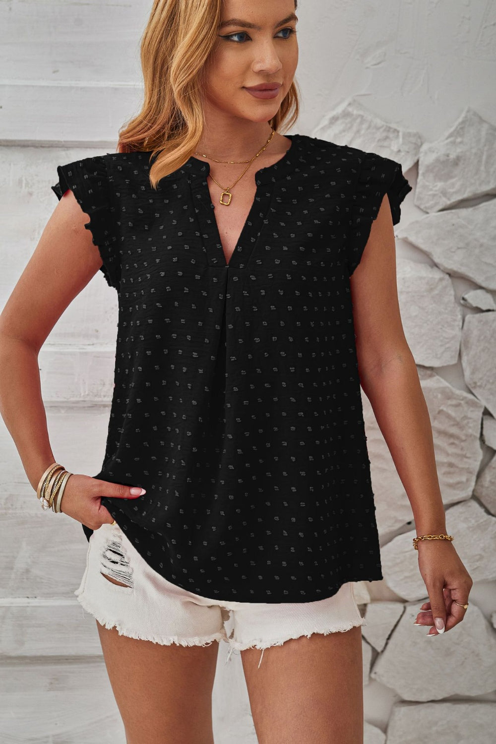 Swiss Dot Ruffled Cap Sleeve T-Shirt 