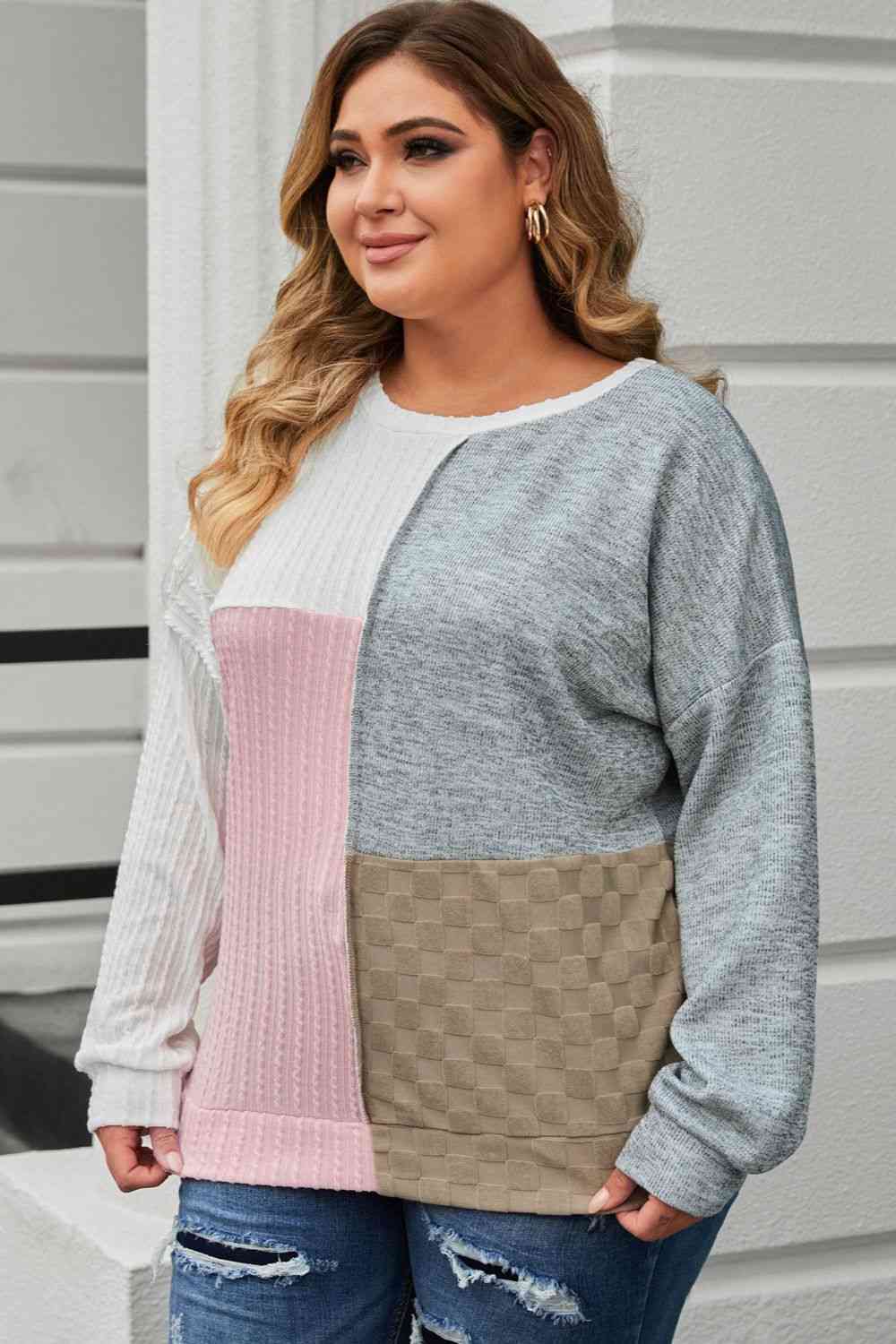 Plus Size Long Sleeve Color Block Top 