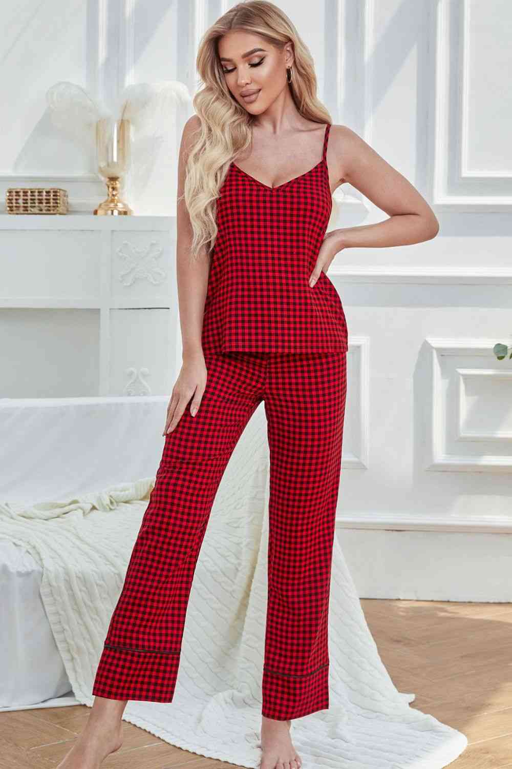 Gingham V-Neck Cami and Tied Pants Lounge Set 