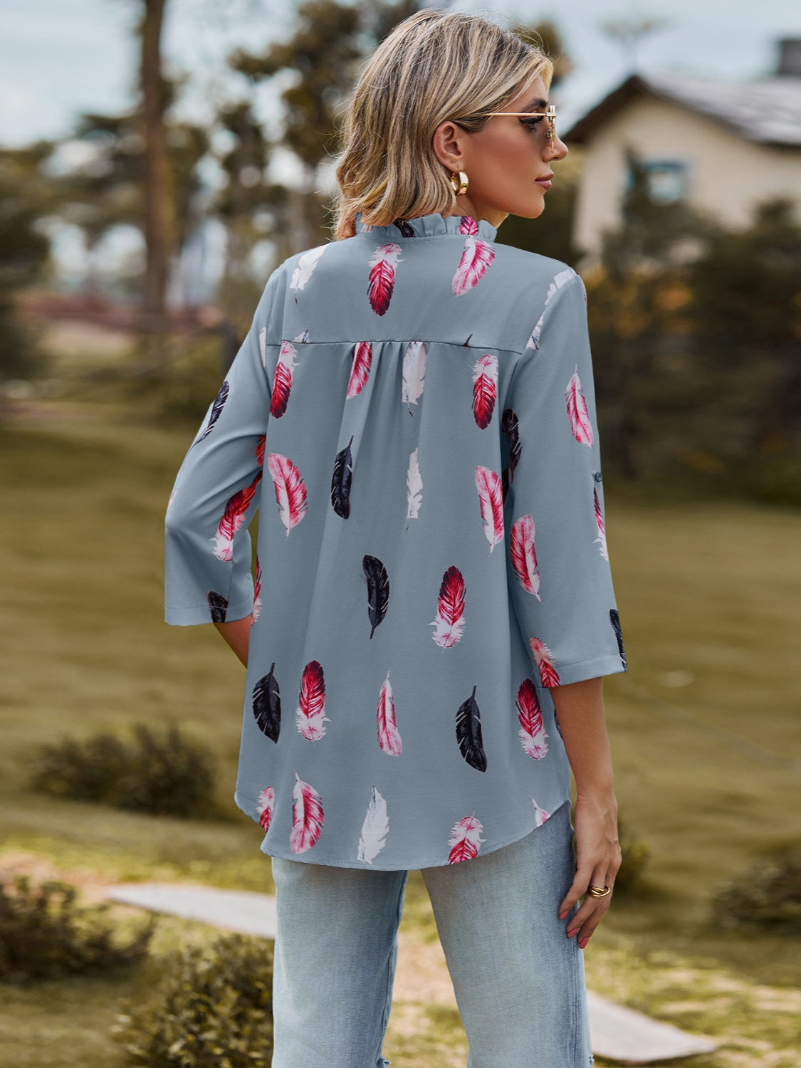 Printed Frill Notched Roll-Tab Sleeve Blouse