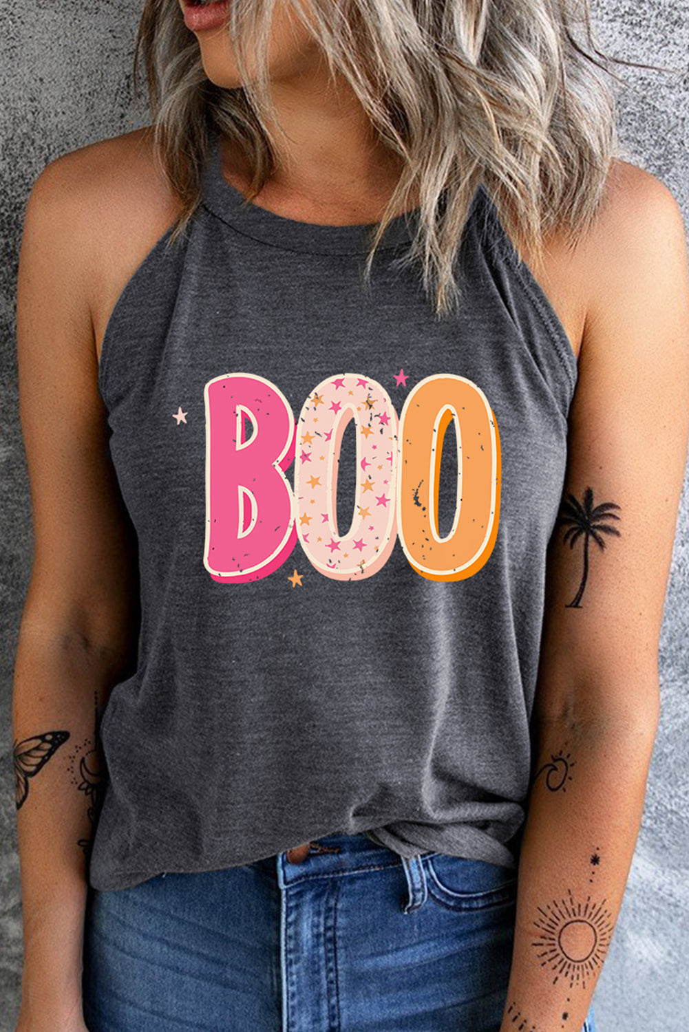 Round Neck Sleeveless BOO Graphic Tank Top - Babbazon Tops