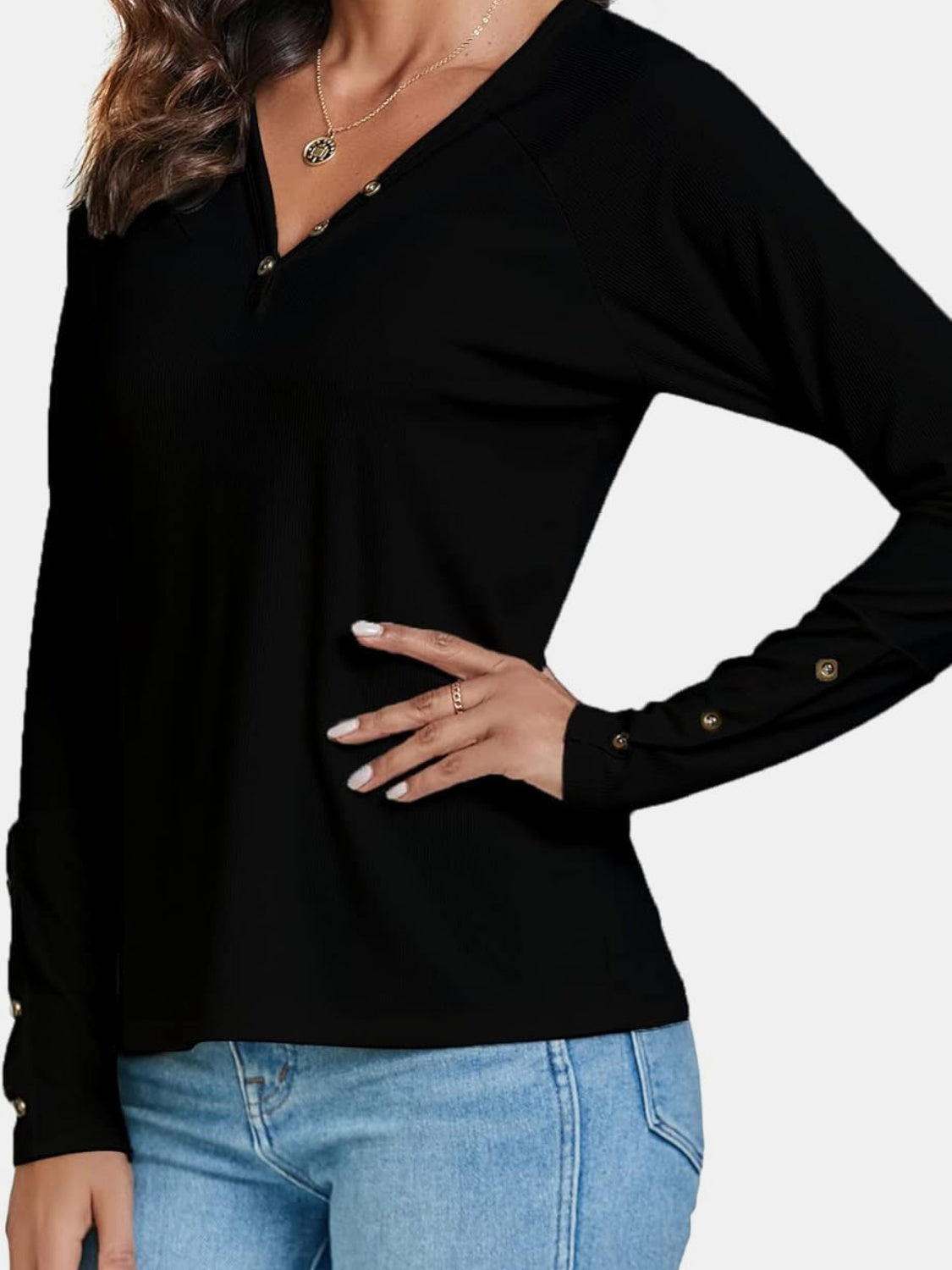 Decorative Button V-Neck Long Sleeve T-Shirt 