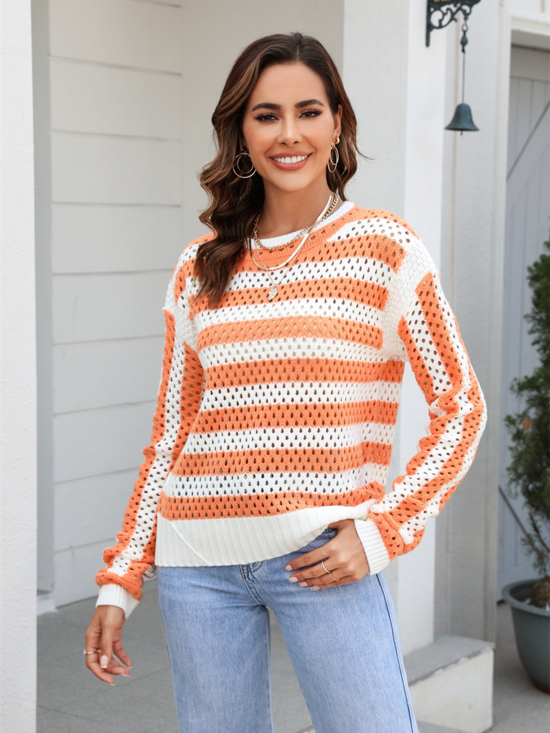 Striped Openwork Round Neck Sweater 