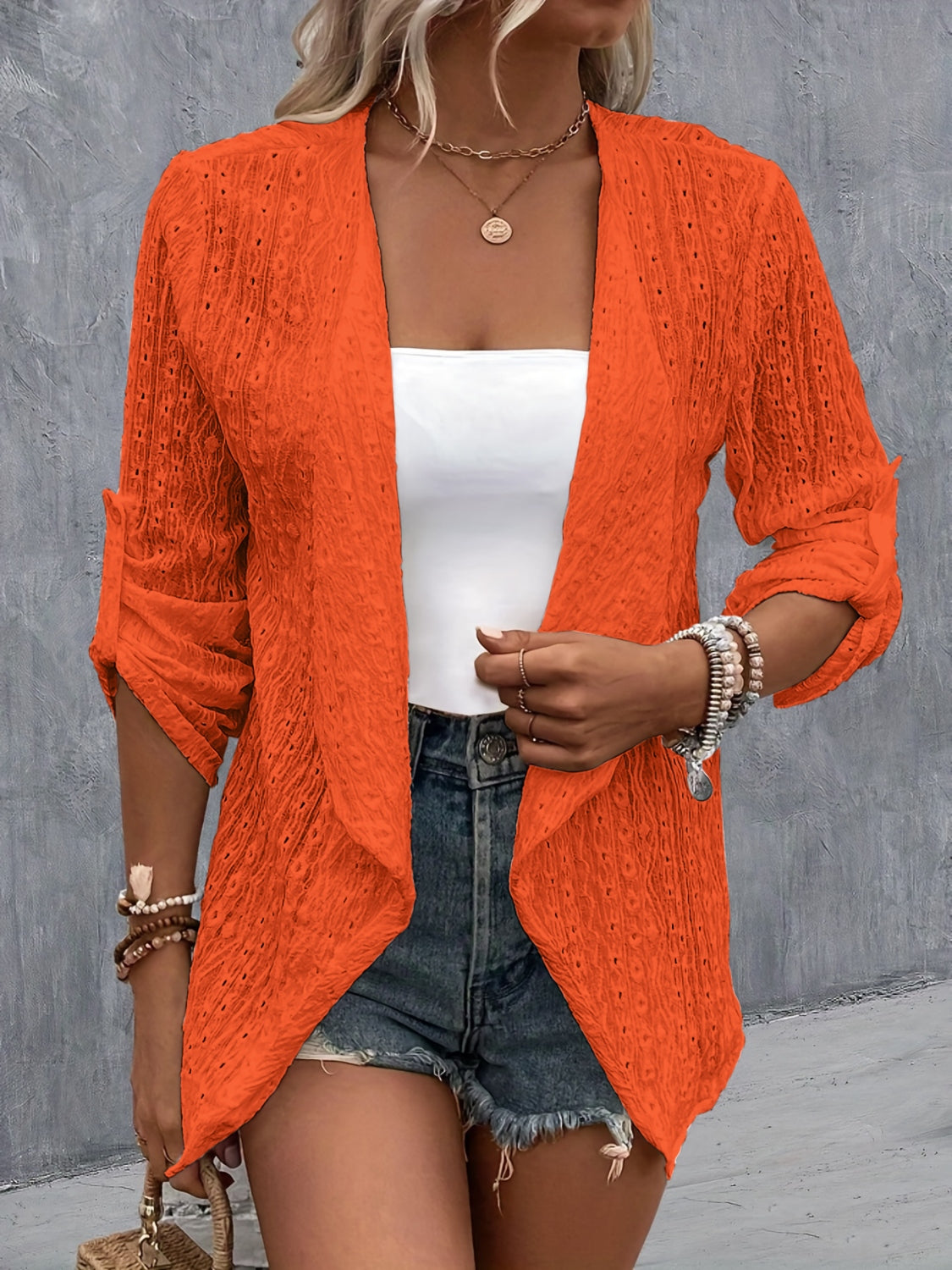 Eyelet Roll-Tab Sleeve Cardigan - Babbazon Camisole