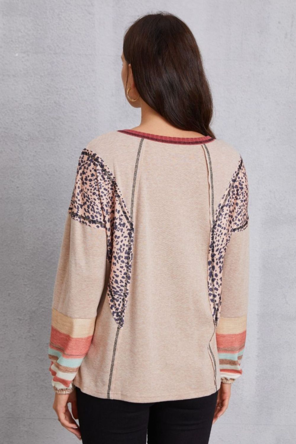 Contrast Stitching Leopard Long Sleeve Blouse 