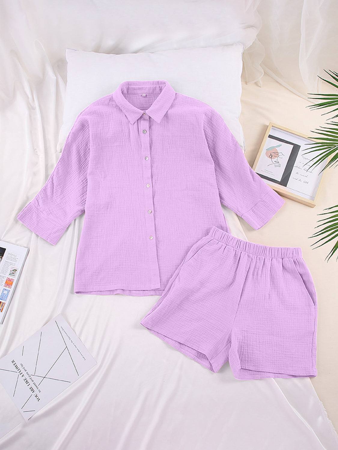 Texture Button Up Shirt and Shorts Set 