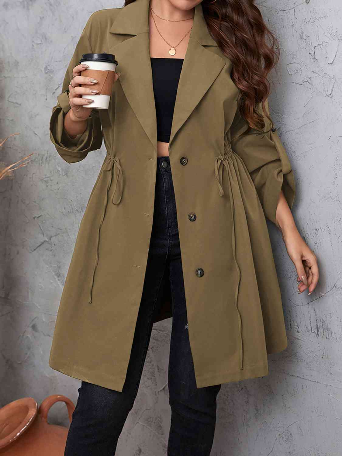 Plus Size Lapel Collar Drawstring Roll-Tab Sleeve Trench Coat 