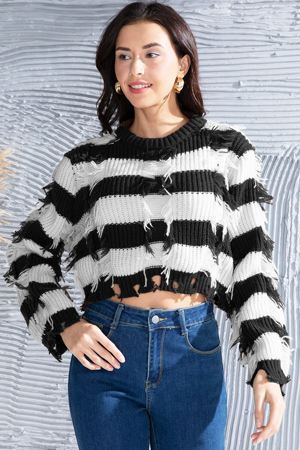 Striped Fringe Round Neck Sweater 