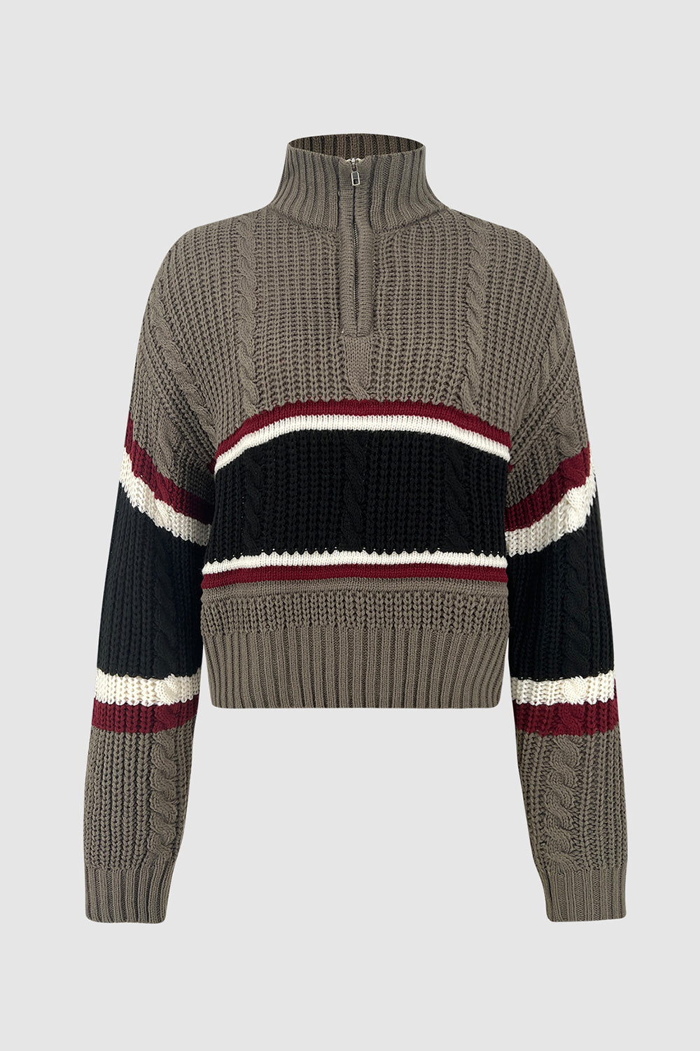 Cable-Knit Striped Quarter Zip Turtleneck Sweater 