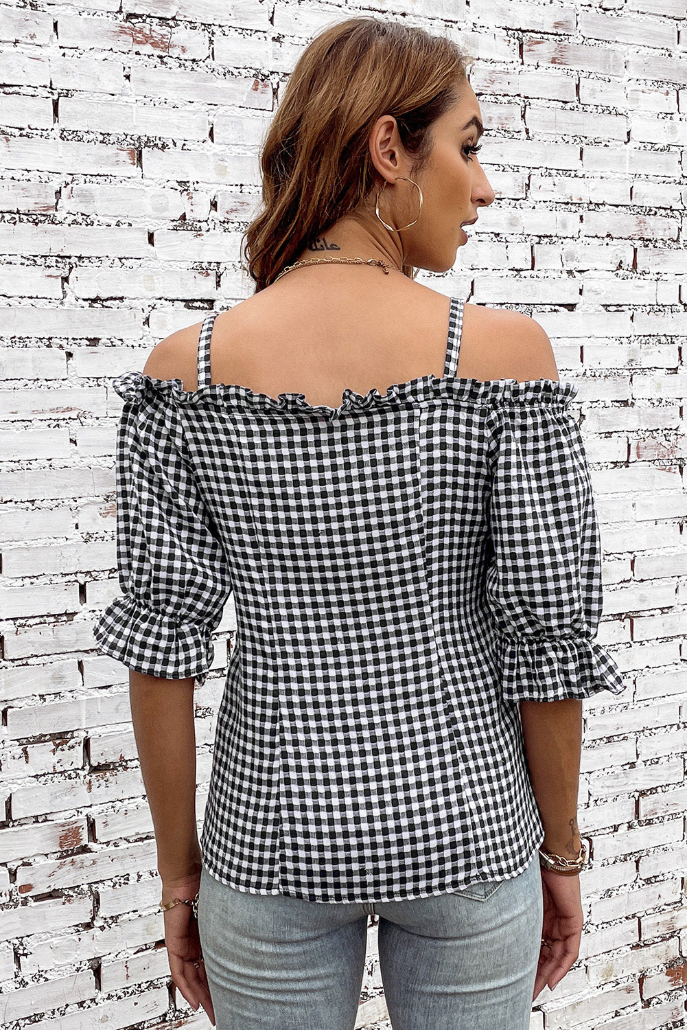 Plaid Buttoned Sweetheart Neck Cold-Shoulder Top 