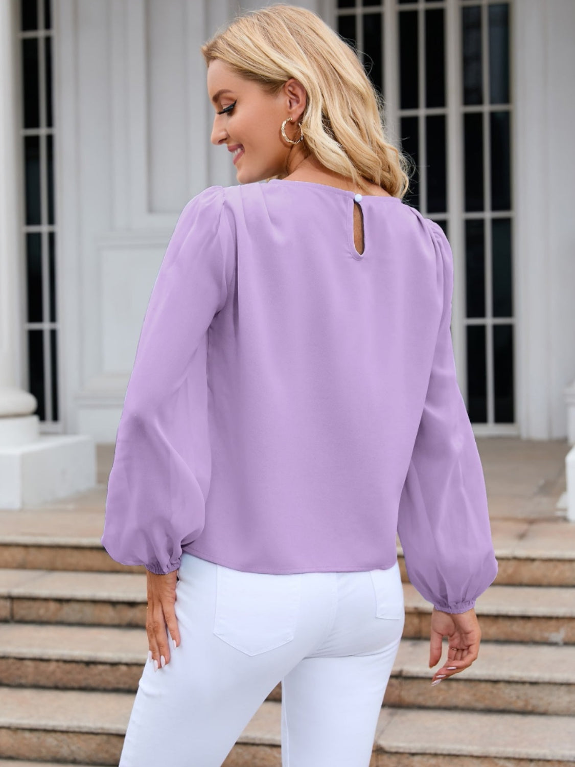 Round Neck Balloon Sleeve Blouse 