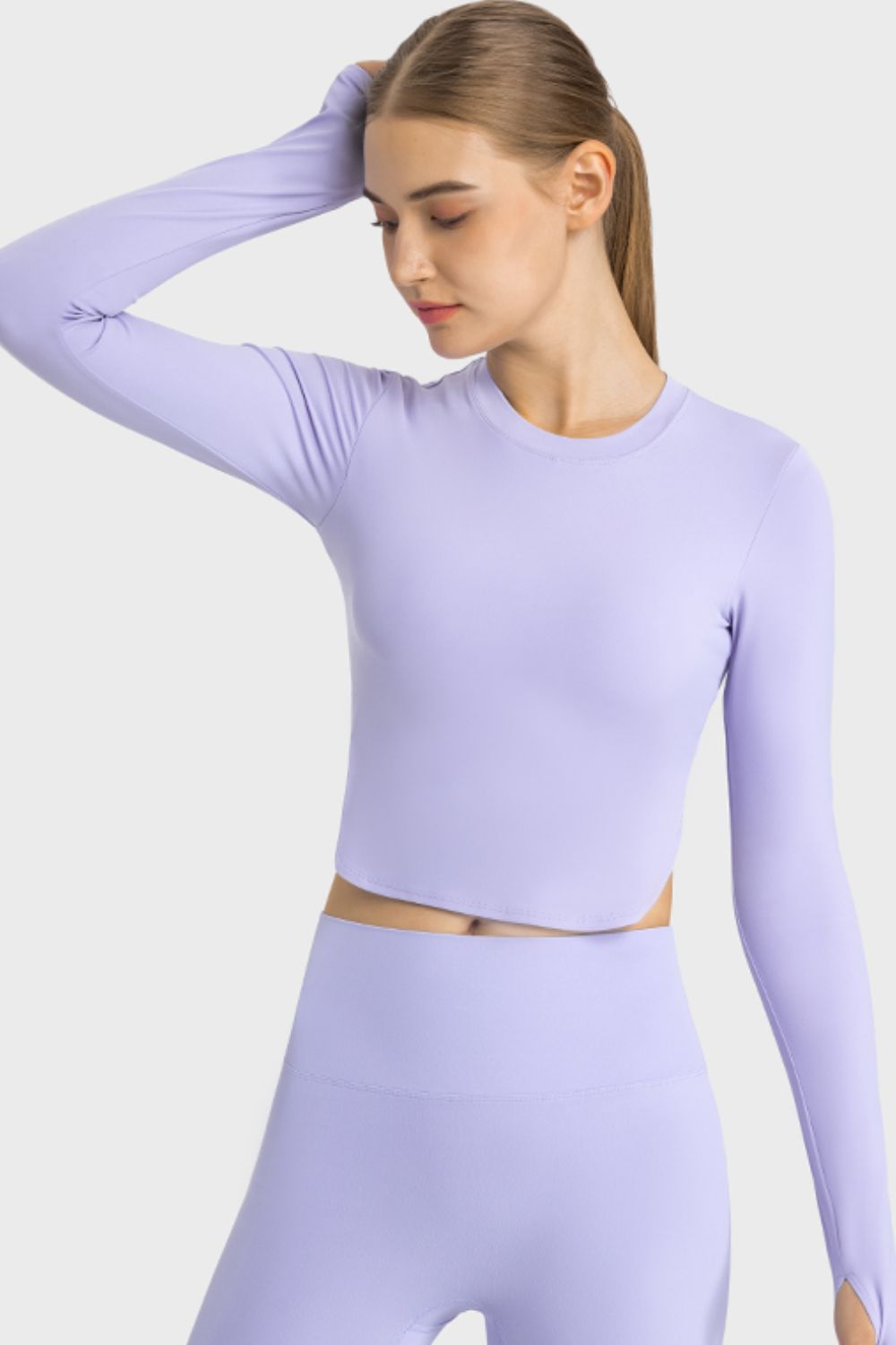 Side Slit Long Sleeve Round Neck Crop Top - Babbazon Tops