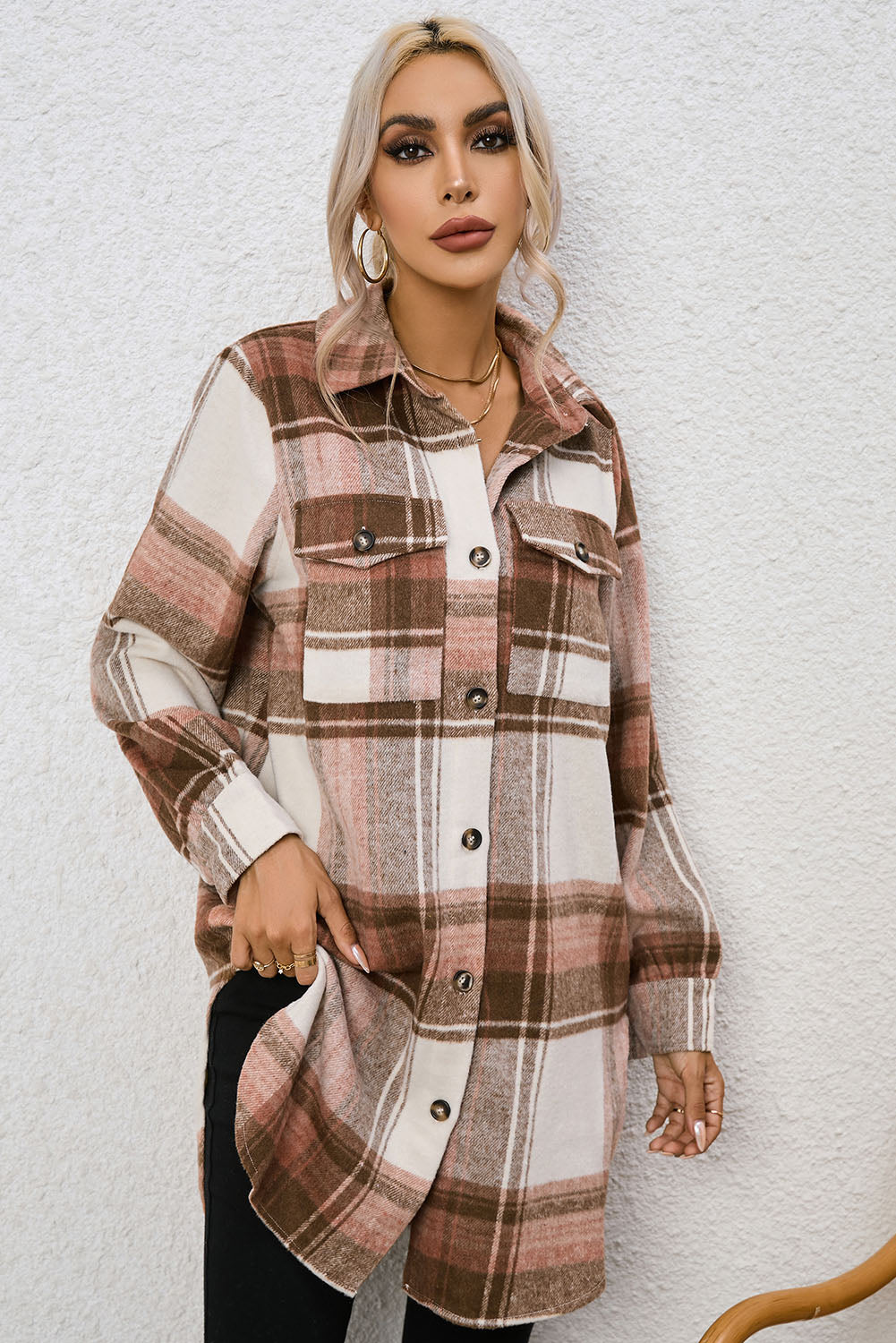 Plaid Collared Neck Longline Jacket 