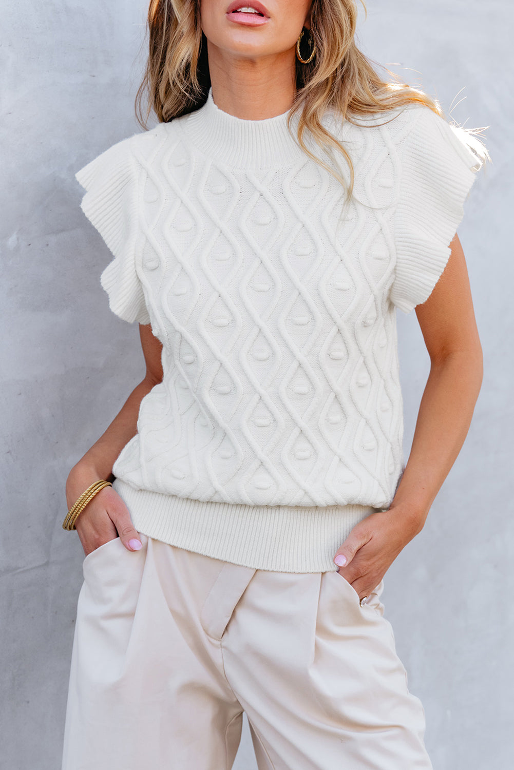 Ruffled Round Neck Cap Sleeve Knit Top 