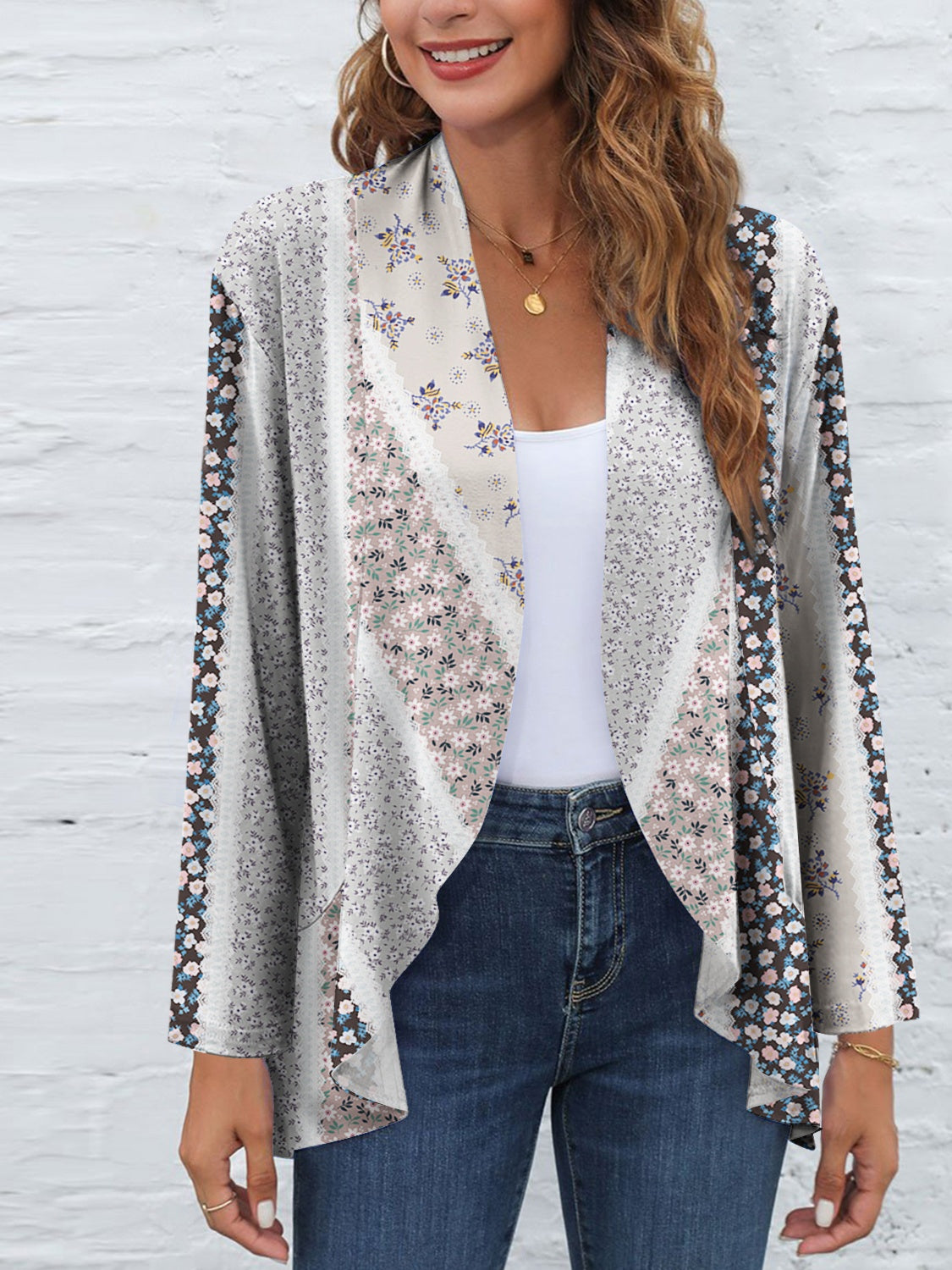 Printed Open Front Long Sleeve Cardigan 