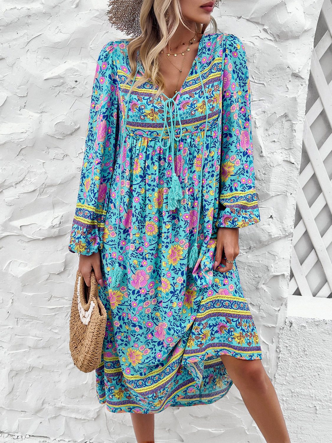 Tassel Tied Printed Long Sleeve Dress 