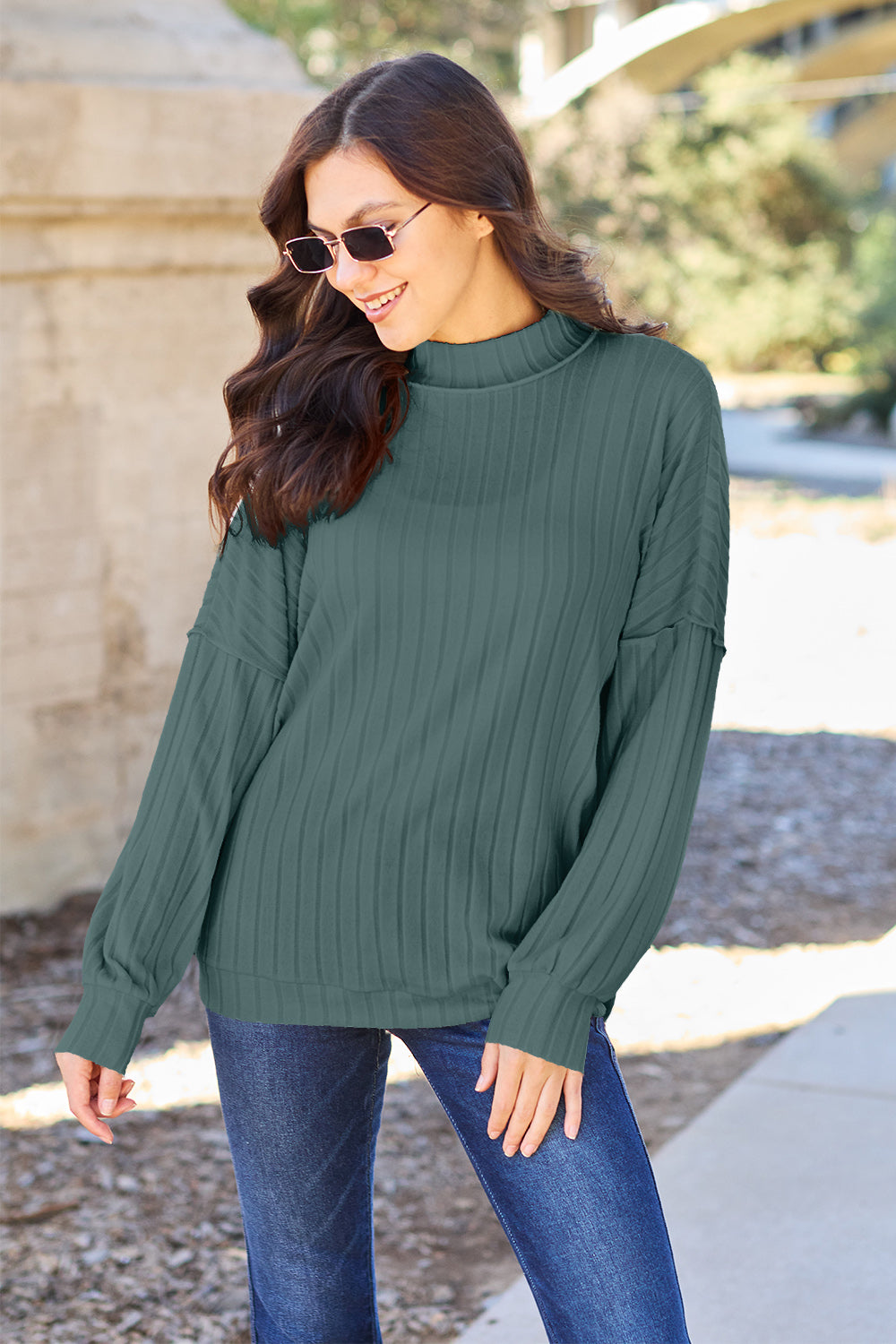 Basic Bae Full Size Ribbed Exposed Seam Mock Neck Knit Top 