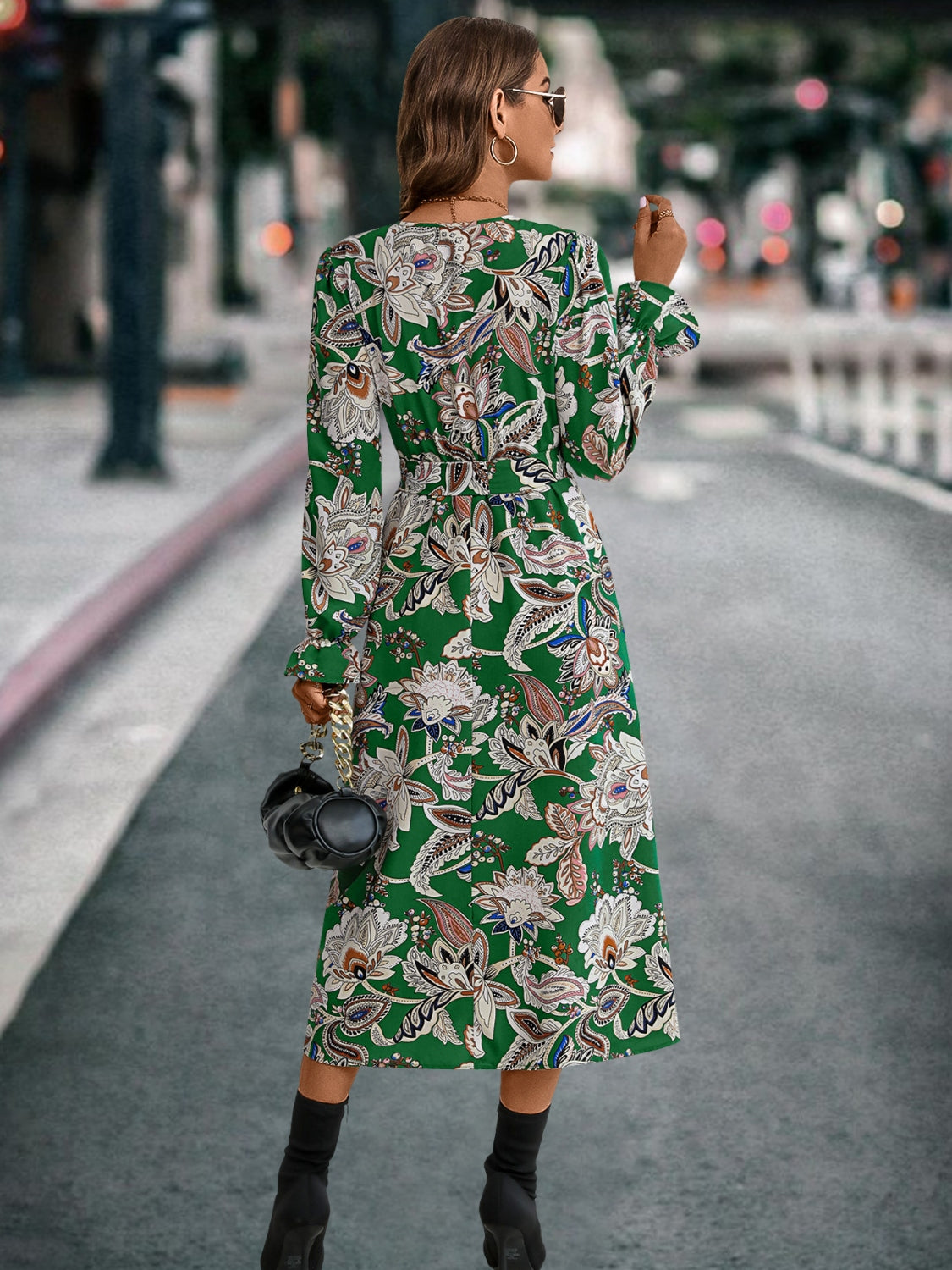 Printed Tie Front Surplice Flounce Sleeve Dress 